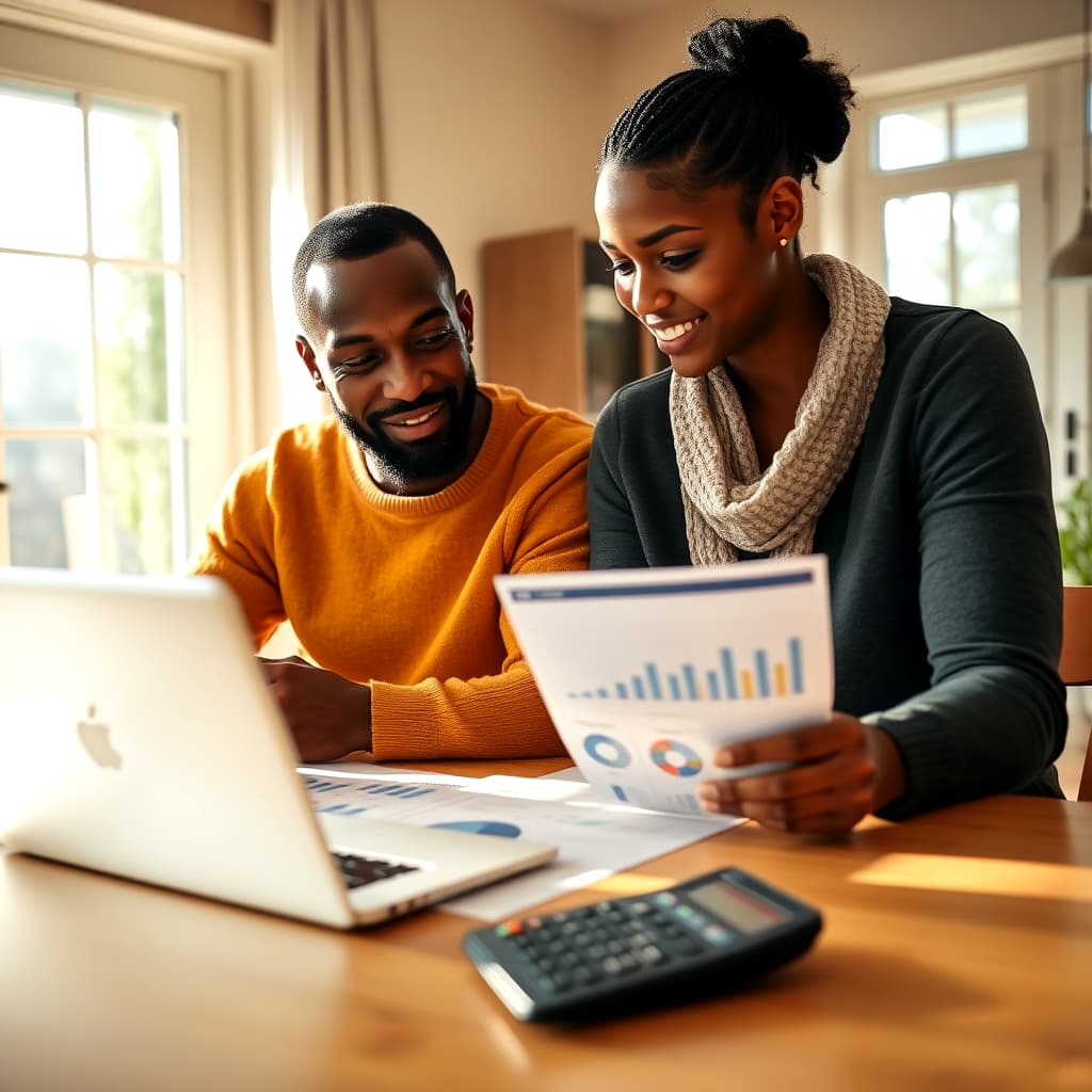 A bright, natural-light photo of a couple at a dining table reviewing financial documents with a laptop showing charts and graphs. The cozy home interior features warm tones and a calculator on the table, symbolizing financial planning. Sunlight streams through large windows, creating an optimistic, organized atmosphere.