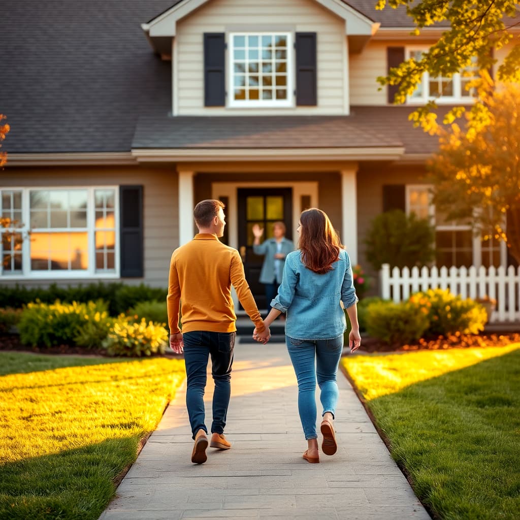 A photograph of a cozy suburban house and golden sunlight. A young couple holds hands and is walking up the walkway towards the front door of the home. The camera lens is behind them. A professional and friendly real estate agent waves warmly from the doorway.