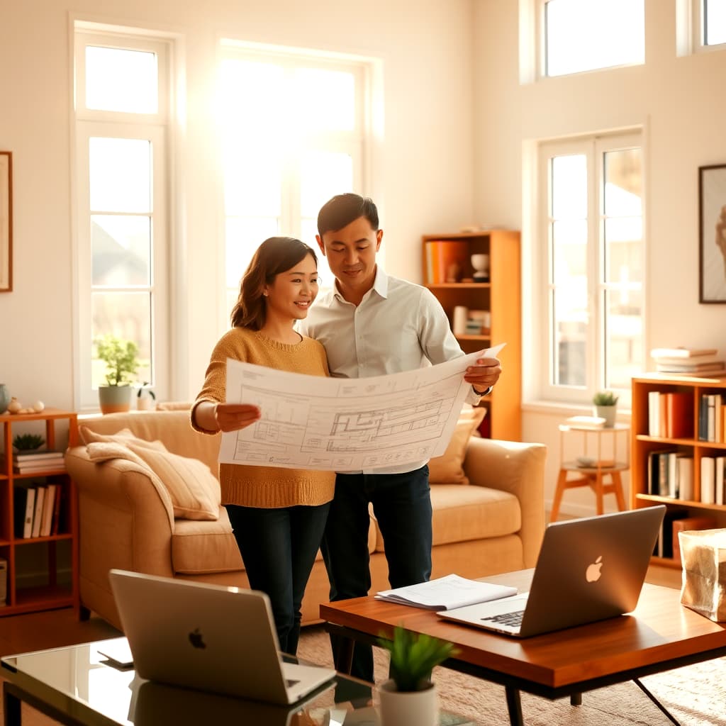 A bright, natural-light photo of a middle aged couple standing in their cozy living room, discussing a home blueprint and documents. The scene includes warm tones, a laptop on a nearby coffee table, and a bookshelf with neatly arranged items. Sunlight streams through large windows, creating a welcoming and insightful atmosphere.