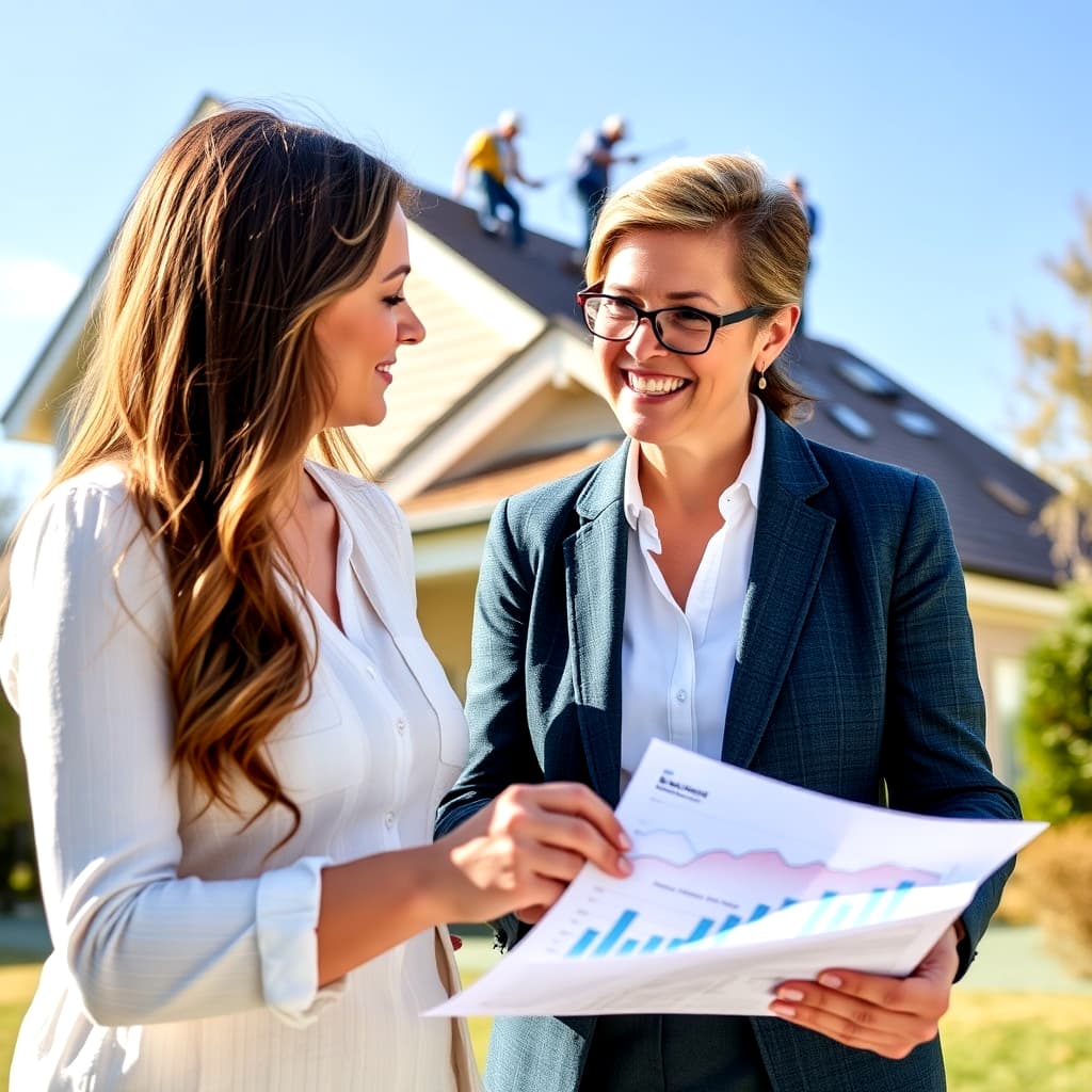 A bright photo of a woman with a financial advisor showing how to refinance to get equity out of the home and reviewing equity charts. In the background, workers are on the roof making repairs to the cozy home, symbolizing equity-funded home improvements.